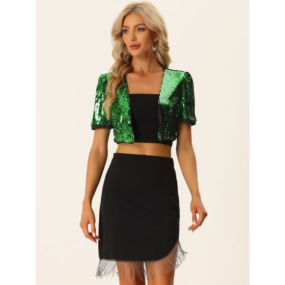 Sequin Shrug Puff Short Sleeve Open Front Glitter Cropped Jackets green - Picture 4 of 5